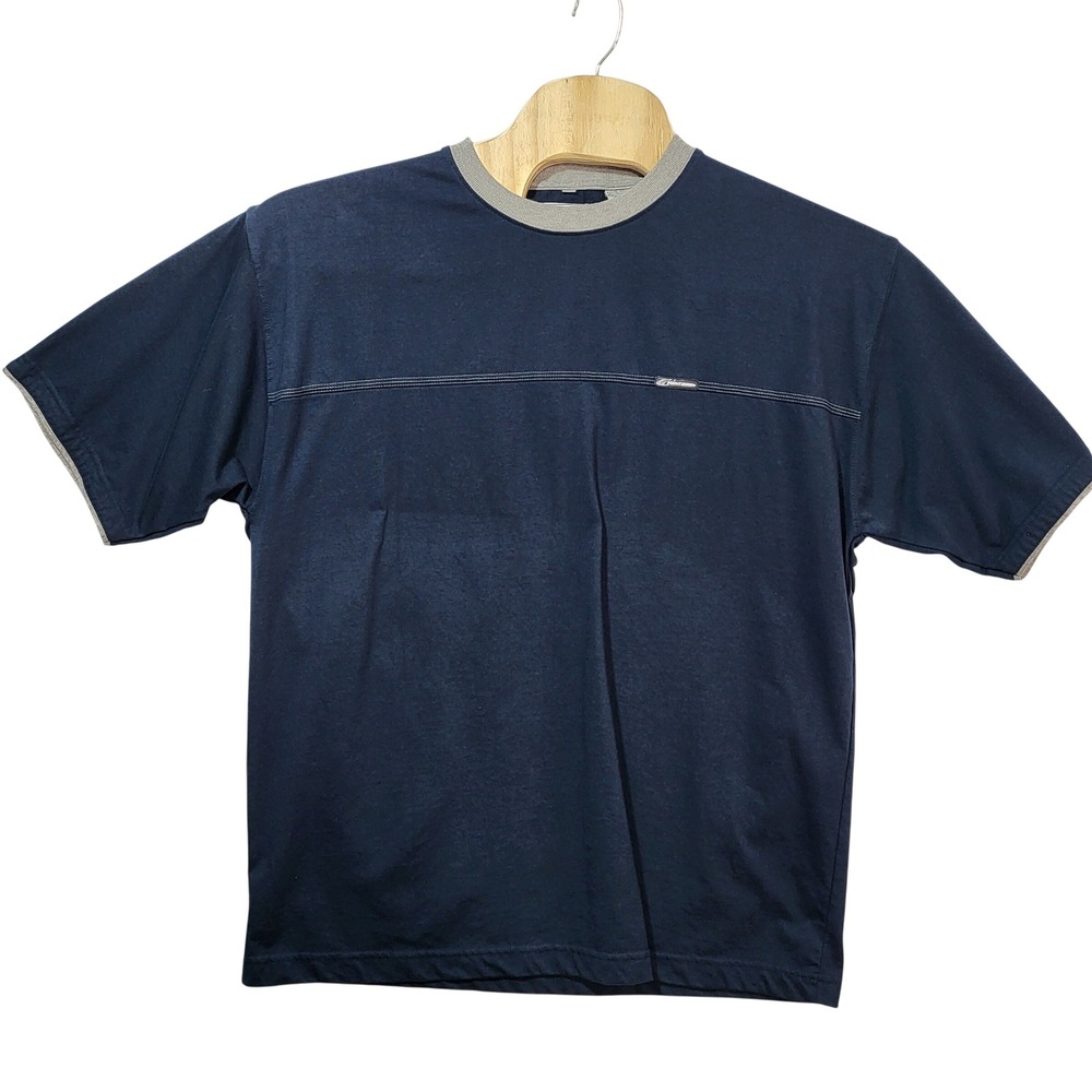 Point Zero Mens XL Navy Blue Grey Ringer T-Shirt Short Sleeve Logo Patch Vintage